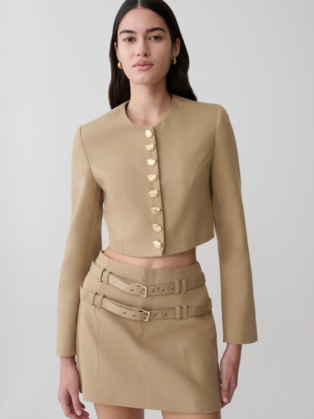 MESHKI Marielle Button Up Cropped Jacket in Taupe - S